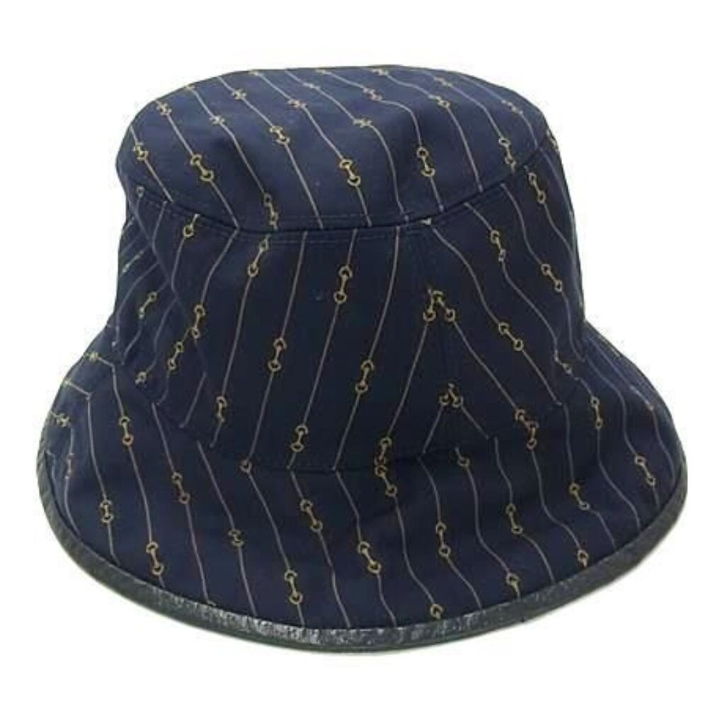 Gucci Hat Horsebit Reversible Bucket Hat Navy And Beige Wool Cotton - Picture 3 of 5